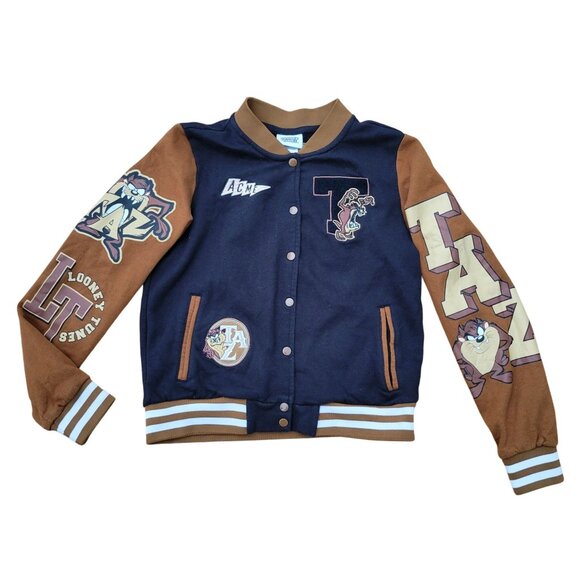 Looney Tunes Taz Acme Varsity Jacket Brown Black Bomber Youth 14 16